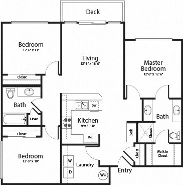 Image of E1 Floor Plan - 3 Bedroom 2 Bath 1,375 Sq Ft
